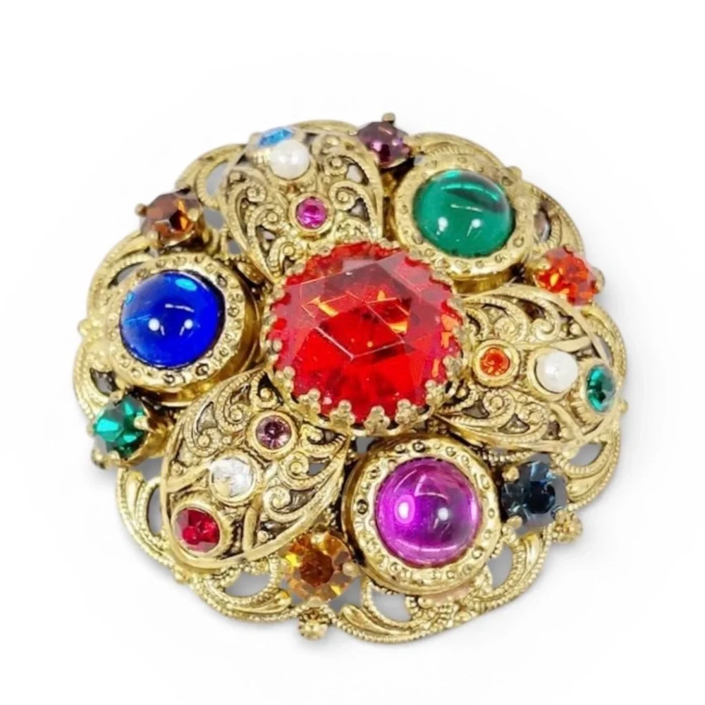 Vintage multi-colored rhinestone brooch